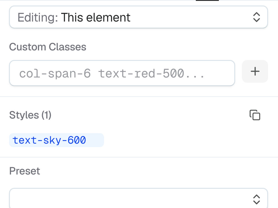 The style panel with the Tailwind class text-sky-600 on one element